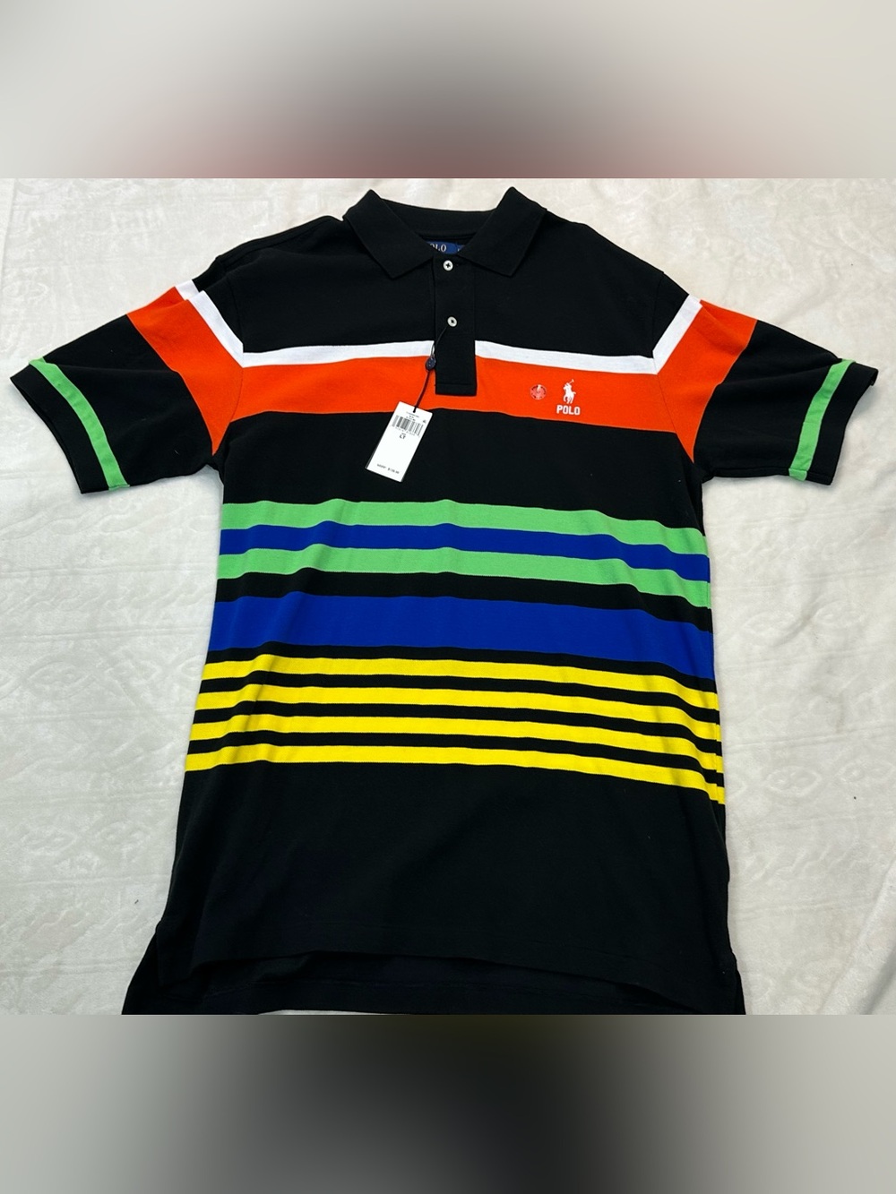 Polo by Ralph Lauren Black Polo Shirt with Red, Green, Blue & Yellow Stripes